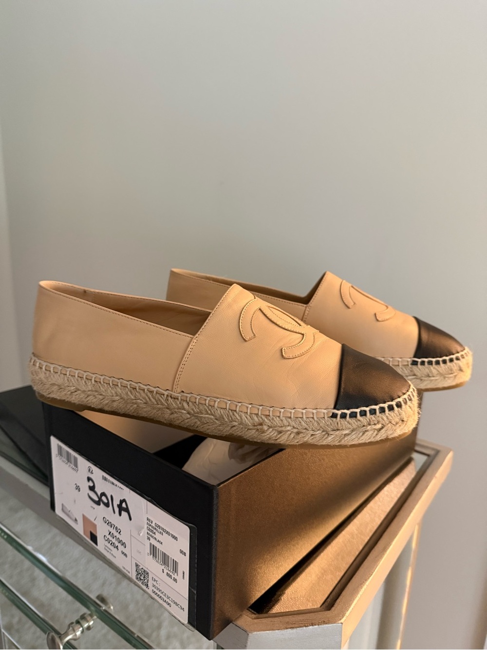 CHANEL Beige Leather Espadrilles with Black Cap Toe